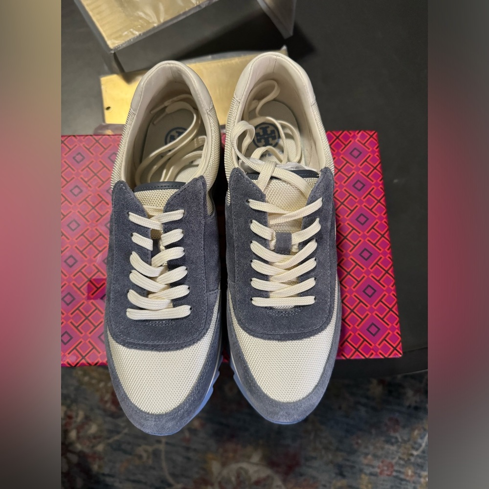 Tory Burch Sawtooth Logo New Ivory Blue  Low Top Sneaker Trainer Shoes 9 - Picture 2 of 4